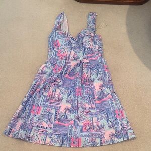 Lilly Pulitzer Pink and Blue Palm-Print Mini Dress